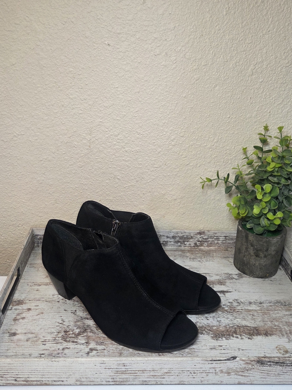 Black Suede Peep-Toe Ankle Booties - Women 8.5